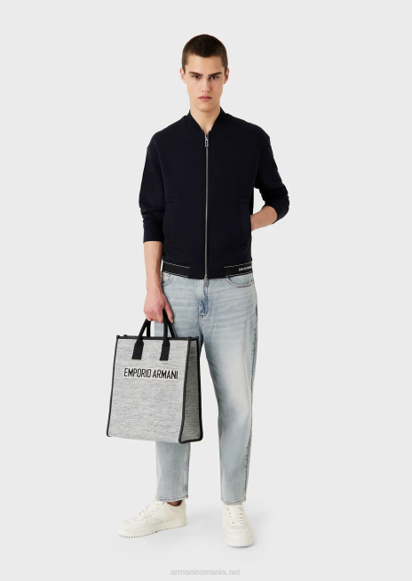 bărbați R802G1585 Hanorac din jerseu dublu cu fermoar și tiv elastic cu logo Armani albastru marin