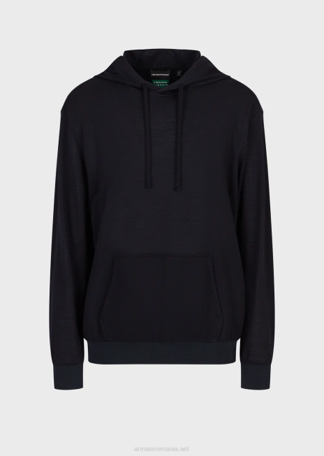 bărbați R802G1589 pulover cu glugă dintr-un piqué din amestec de lână de eucalipt Armani albastru marin