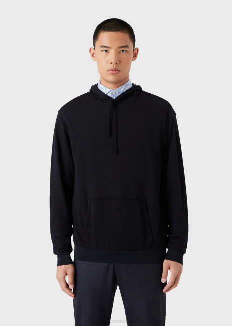 bărbați R802G1589 pulover cu glugă dintr-un piqué din amestec de lână de eucalipt Armani albastru marin