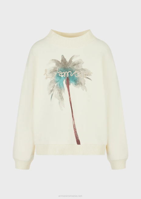 bărbați R802G1590 hanorac cu imprimeu palmier și broderie l'amour Armani alb