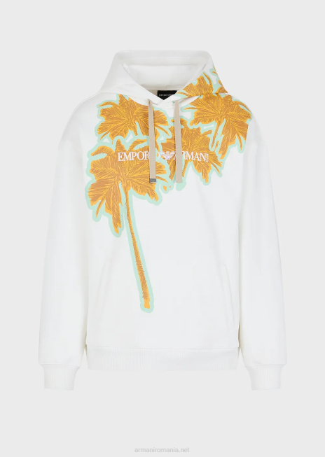 bărbați R802G1591 hanorac cu glugă din bumbac moale, cu imprimeu cu palmieri și logo Armani alb