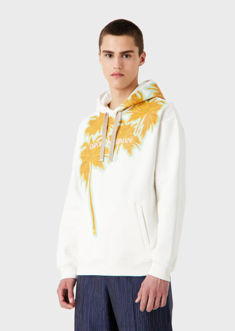 bărbați R802G1591 hanorac cu glugă din bumbac moale, cu imprimeu cu palmieri și logo Armani alb