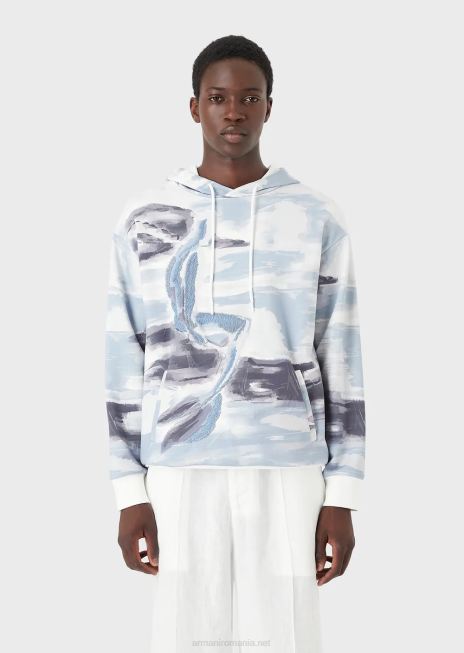 bărbați R802G1592 hanorac cu glugă cu imprimeu acuarelă și broderie siren Armani model