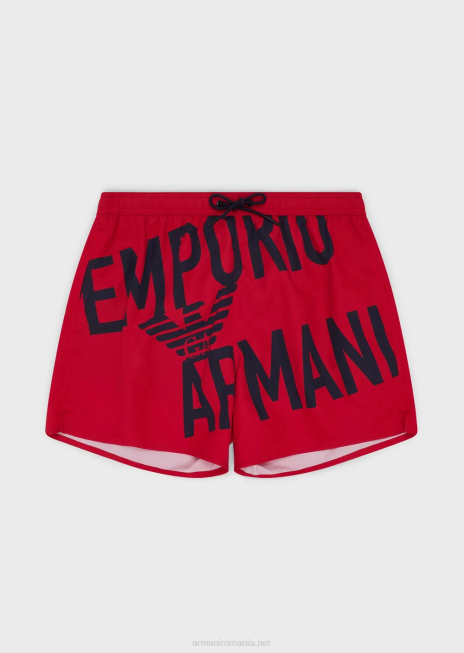 bărbați R802G1000 costum de baie din țesătură reciclată, cu șnur și logo îndrăzneț Armani roșu
