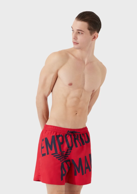 bărbați R802G1000 costum de baie din țesătură reciclată, cu șnur și logo îndrăzneț Armani roșu