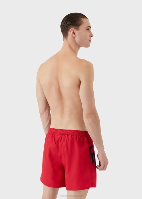 bărbați R802G1000 costum de baie din țesătură reciclată, cu șnur și logo îndrăzneț Armani roșu