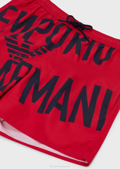 bărbați R802G1000 costum de baie din țesătură reciclată, cu șnur și logo îndrăzneț Armani roșu