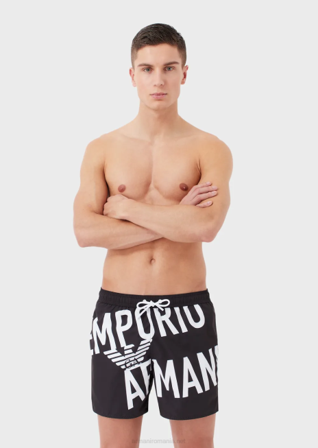 bărbați R802G1001 costum de baie din țesătură reciclată, cu șnur și logo îndrăzneț Armani logo negru