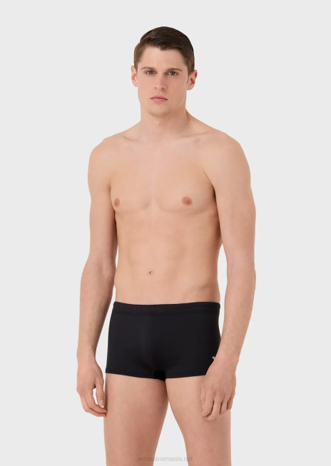 bărbați R802G1003 Costum de baie din microfibră reciclată cu picioare pătrate cu vultur brodat Armani negru