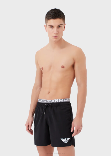 bărbați R802G995 Trunchi de baie din țesătură reciclată cu șnur și talie cu logo Armani negru