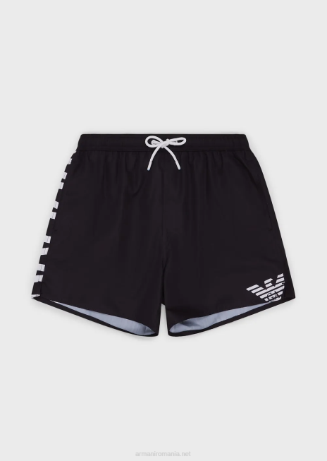 bărbați R802G999 costum de baie din țesătură reciclată, cu șnur și logo îndrăzneț Armani negru