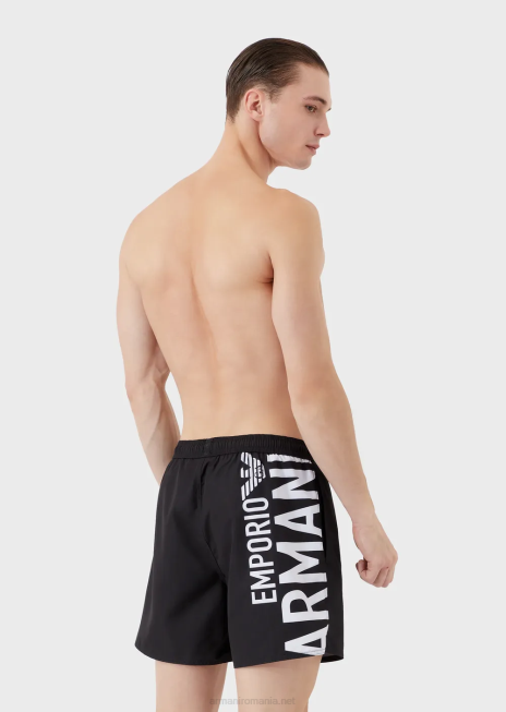bărbați R802G999 costum de baie din țesătură reciclată, cu șnur și logo îndrăzneț Armani negru