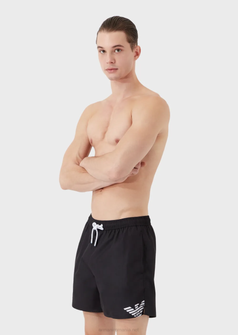 bărbați R802G999 costum de baie din țesătură reciclată, cu șnur și logo îndrăzneț Armani negru