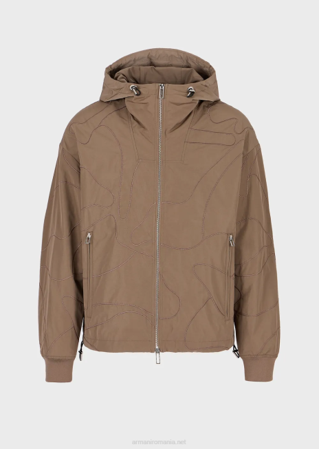 bărbați R802G1305 Bluză cu glugă reversibilă din nailon ondulat ușor de camuflaj asortat Armani maro