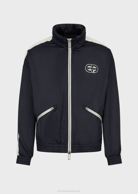 bărbați R802G1315 Bluză cu glugă, cu fermoar complet, din nailon reciclat, cu fiecare plasture și dungi Armani albastru marin