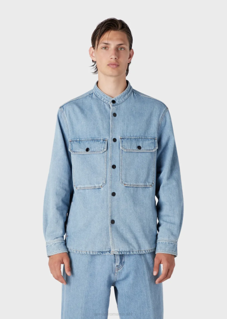 bărbați R802G1319 jachetă din denim din amestec de cânepă cu guler nehru Armani albastru deschis