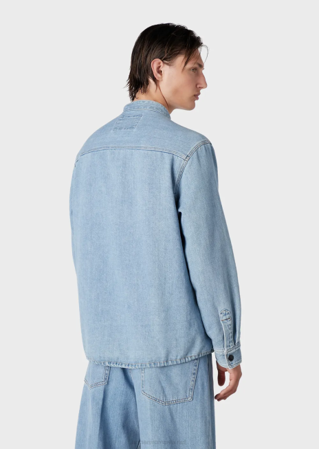 bărbați R802G1319 jachetă din denim din amestec de cânepă cu guler nehru Armani albastru deschis