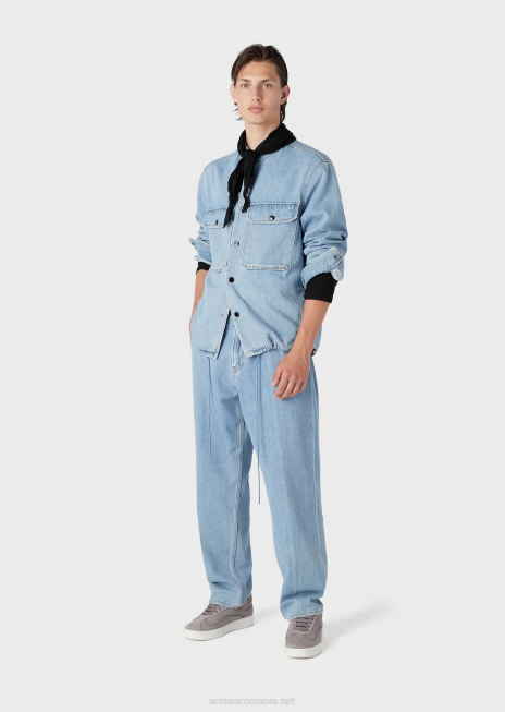 bărbați R802G1319 jachetă din denim din amestec de cânepă cu guler nehru Armani albastru deschis