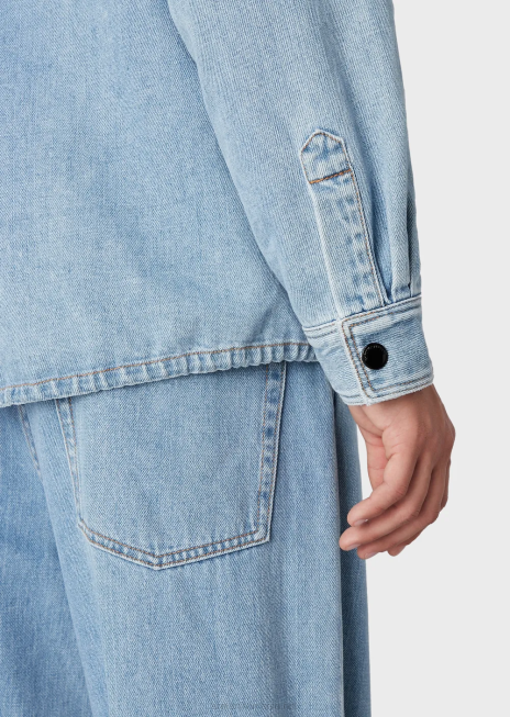 bărbați R802G1319 jachetă din denim din amestec de cânepă cu guler nehru Armani albastru deschis