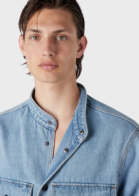 bărbați R802G1319 jachetă din denim din amestec de cânepă cu guler nehru Armani albastru deschis