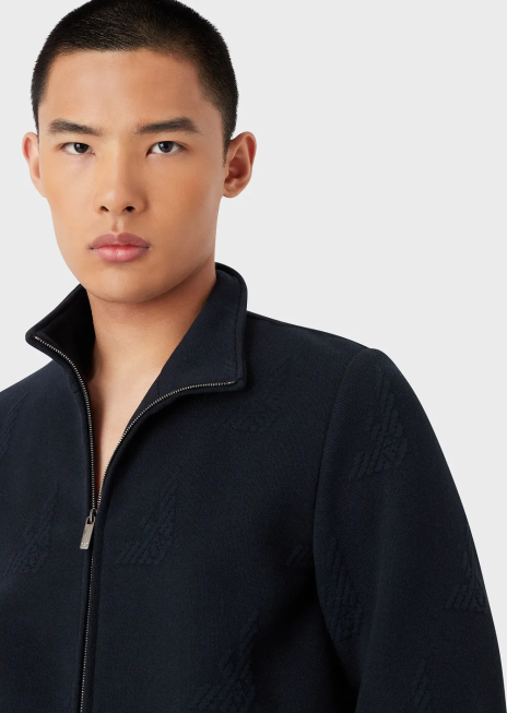 bărbați R802G1320 bluză cu fermoar complet din jerseu vultur în relief Armani albastru marin