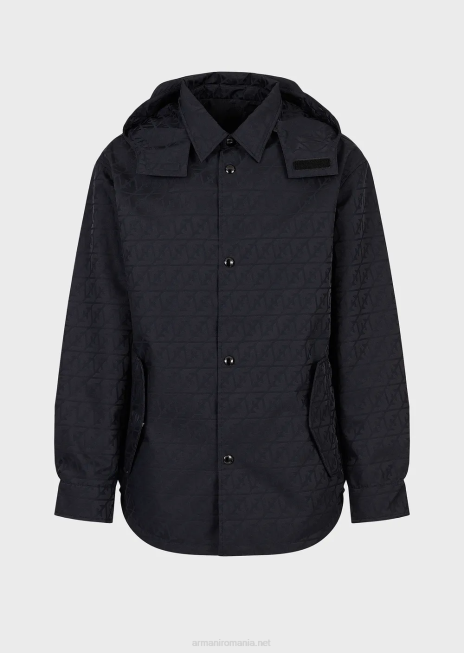 bărbați R802G1322 Bluză reversibilă cu glugă din nailon jacquard, cu logo-ul vultur peste tot Armani albastru marin