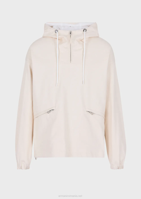 bărbați R802G1326 Anorac cu glugă din bumbac cu imprimeu grafic supradimensionat cu logo Armani alb ca laptele