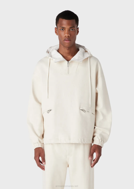 bărbați R802G1326 Anorac cu glugă din bumbac cu imprimeu grafic supradimensionat cu logo Armani alb ca laptele