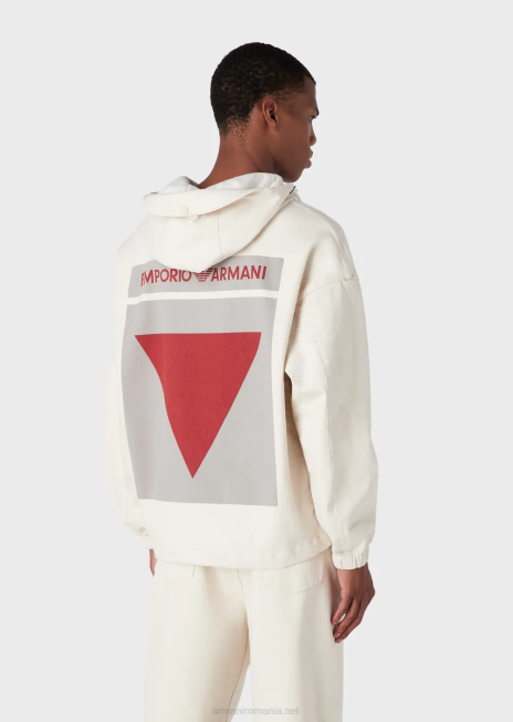 bărbați R802G1326 Anorac cu glugă din bumbac cu imprimeu grafic supradimensionat cu logo Armani alb ca laptele