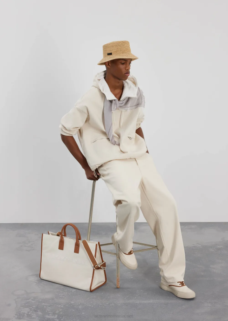 bărbați R802G1326 Anorac cu glugă din bumbac cu imprimeu grafic supradimensionat cu logo Armani alb ca laptele