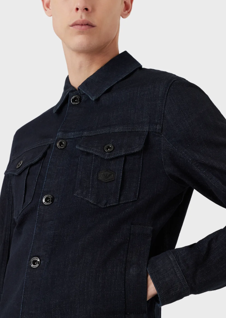 bărbați R802G1327 jachetă din denim cu plasture cu logo Armani albastru marin