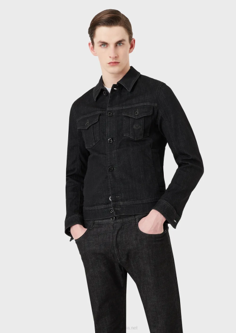 bărbați R802G1328 jachetă din denim cu plasture cu logo Armani negru