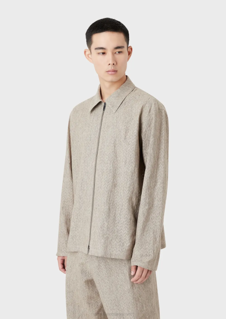 bărbați R802G1337 bluză din in îmbrăcat cu fermoar, cu motiv chevron ajurat Armani bej