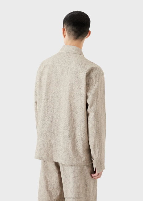 bărbați R802G1337 bluză din in îmbrăcat cu fermoar, cu motiv chevron ajurat Armani bej