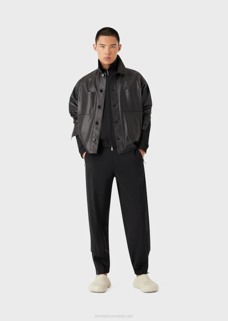 bărbați R802G1339 Bluză cu fermoar complet din lână virgină ultra-ușoară cu logo Armani negru