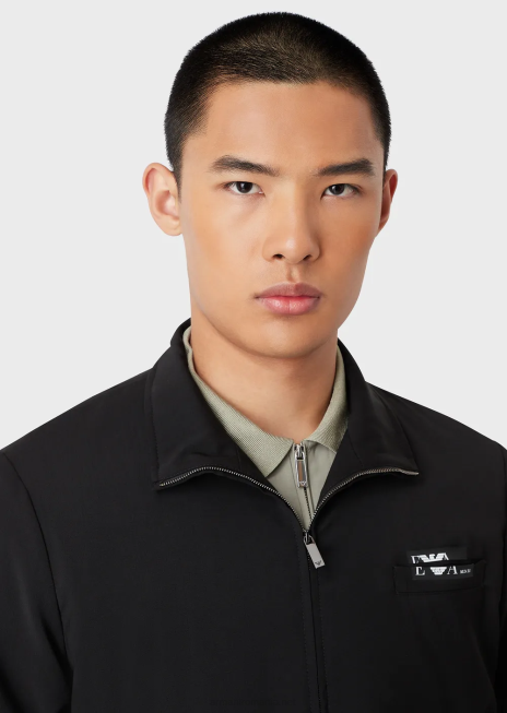 bărbați R802G1339 Bluză cu fermoar complet din lână virgină ultra-ușoară cu logo Armani negru