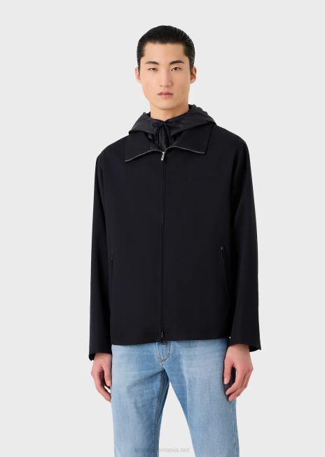 bărbați R802G1341 Bluză cu glugă cu fermoar complet din gabardină din lână virgină Armani albastru marin