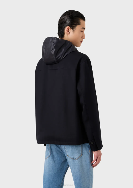 bărbați R802G1341 Bluză cu glugă cu fermoar complet din gabardină din lână virgină Armani albastru marin