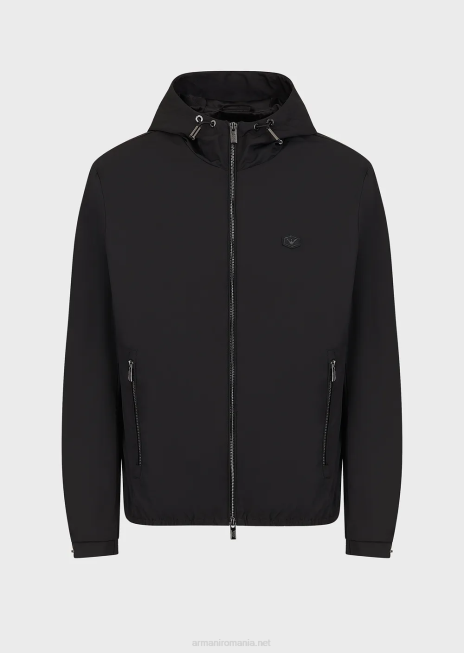 bărbați R802G1342 bluză din nailon hidrofugă, cu glugă și plasture cu logo Armani negru