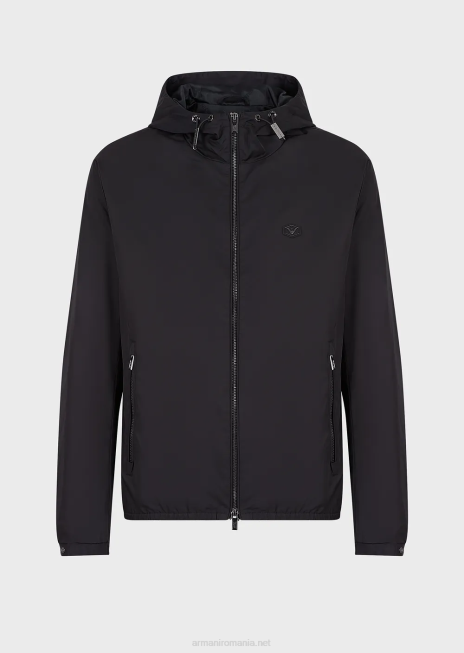 bărbați R802G1343 bluză din nailon hidrofugă, cu glugă și plasture cu logo Armani albastru marin