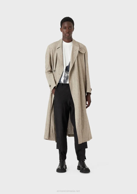 bărbați R802G1354 trenci din in imbracat cu motiv chevron ajurat Armani