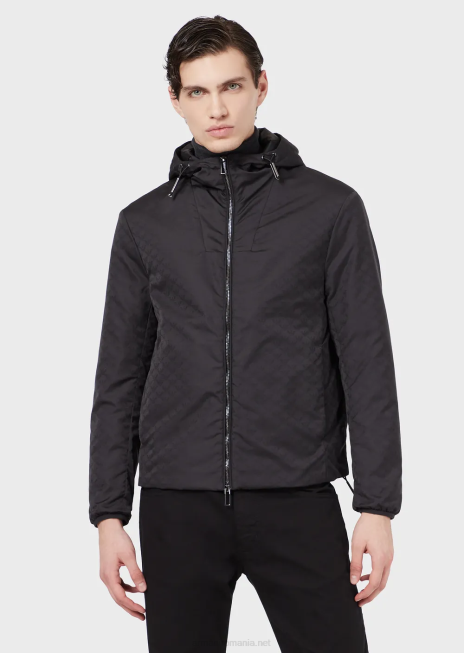 bărbați R802G1358 jachetă din nailon cu glugă, cu monogramă jacquard peste tot Armani negru