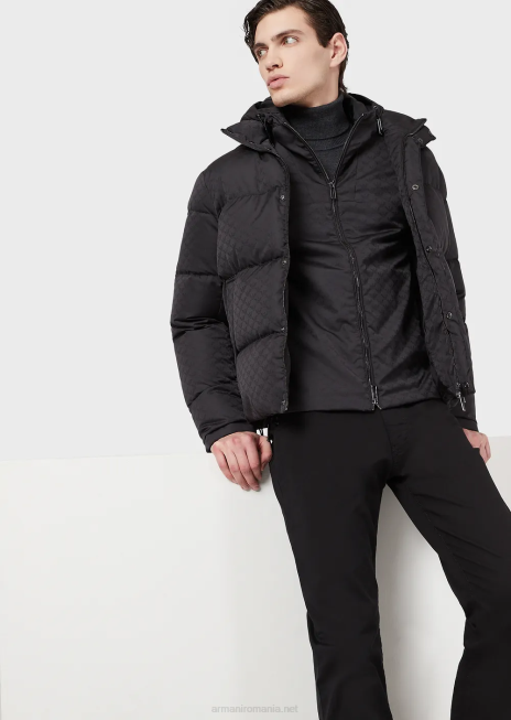 bărbați R802G1358 jachetă din nailon cu glugă, cu monogramă jacquard peste tot Armani negru