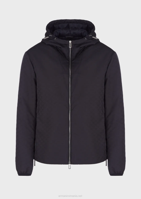 bărbați R802G1359 jachetă din nailon cu glugă, cu monogramă jacquard peste tot Armani albastru miezul nopții
