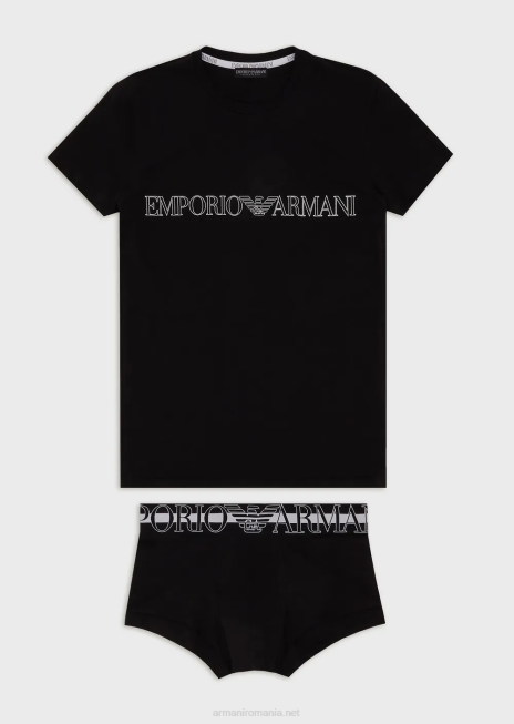 bărbați R802G1803 Set de tricou și boxer din bumbac organic cu megalogo Armani negru