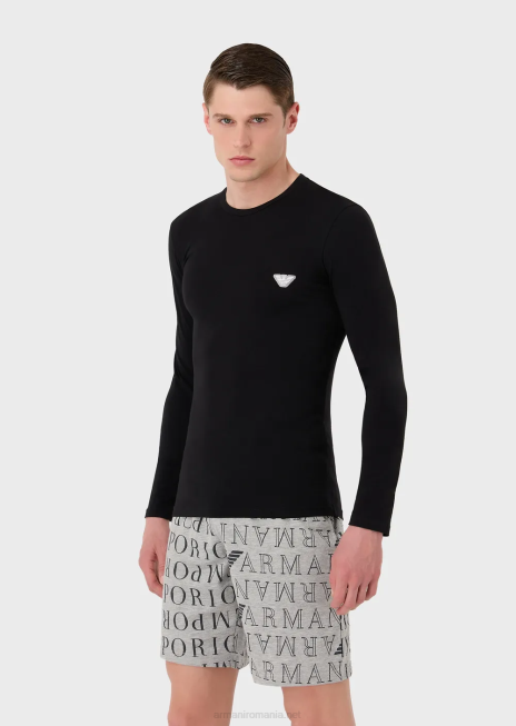 bărbați R802G1808 Cameră de corp slim-fit din bumbac organic, cu bandă cu logo strălucitor Armani negru