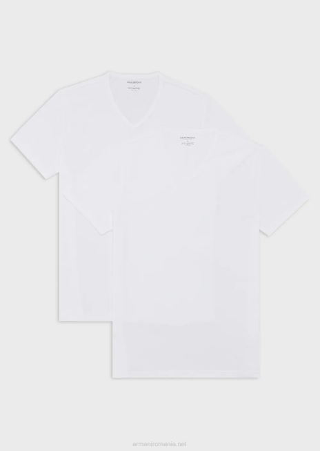 bărbați R802G1816 pachet de două tricouri de lenjerie intimă cu decolteu în V, din bumbac pur, în formă regulată Armani alb
