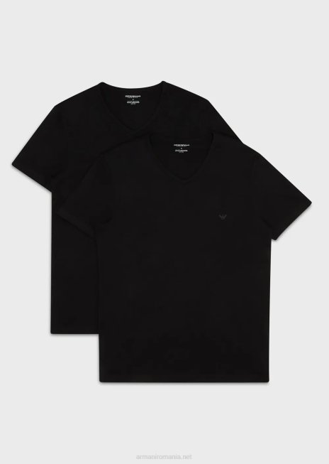 bărbați R802G1817 pachet de două tricouri de lenjerie intimă cu decolteu în V, din bumbac pur, în formă regulată Armani negru