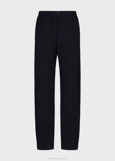 bărbați R802G1397 Pantaloni din lână elastică cu efect 3D, cu talie elastică Armani