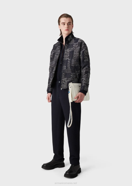 bărbați R802G1397 Pantaloni din lână elastică cu efect 3D, cu talie elastică Armani